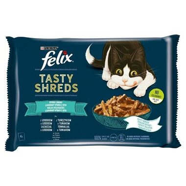 PURINA Felix Tasty Shreds mit Lachs & Thunfisch 4X 80g / Beutel für Katzen / Thunfisch mit Lachs