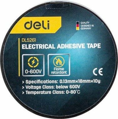 Deli Tools EDL5261 Isolierband, 0,13 mm x 18 mm x 10 m, Schwarz