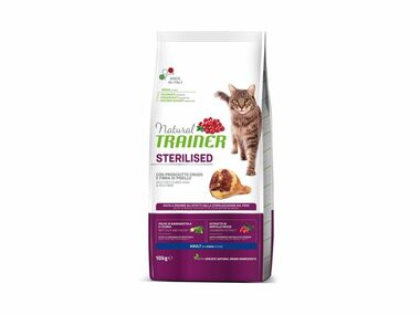 Trainer Natural Cat STERILISED Trockenschinken 10kg / Granulat für Katzen / für sterilisierte erwachsene Katzen
