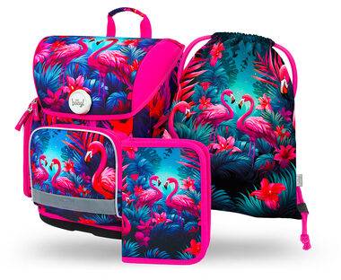 BAAGL SET 3 - Schulset Ergo Flamingos: Aktentasche / Federmäppchen / Tasche
