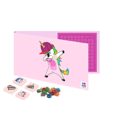 Postkarten und Karten von PIXIE CREW mit einem Geschenk darin - Einhorn