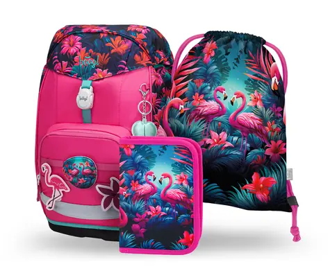 BAAGL SET 3 Airy PLUS Flamingos: Rucksack, Federmäppchen, Tasche