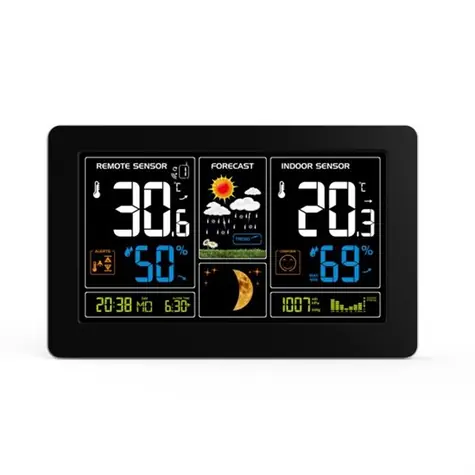 Solight TE81 schwarz / Wetterstation / extra großes Farb-LCD / Temperatur / Luftfeuchtigkeit / Druck / RCC / USB-Aufladung