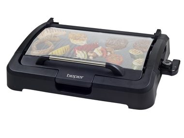 Beper 90.871 schwarz / Elektrischer Tischgrill mit Deckel / 2200W / Grillfläche 39 x 29 cm / Antihaftbeschichtete Oberfläche