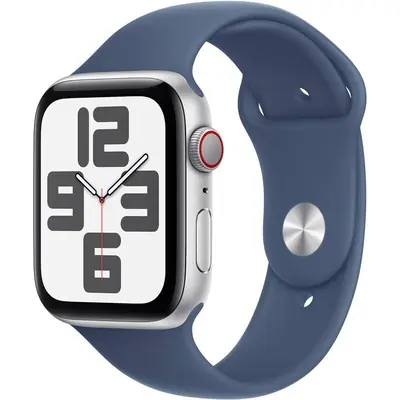 Apple Watch SE (2024) GPS + Cellular 44 mm silbernes Aluminiumgehäuse - Denim-Sportarmband S/M
