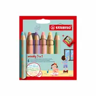 STABILO® Woody 3 in 1 - 6-teiliges Set mit Spitzer - 6 verschiedene Pastellfarben