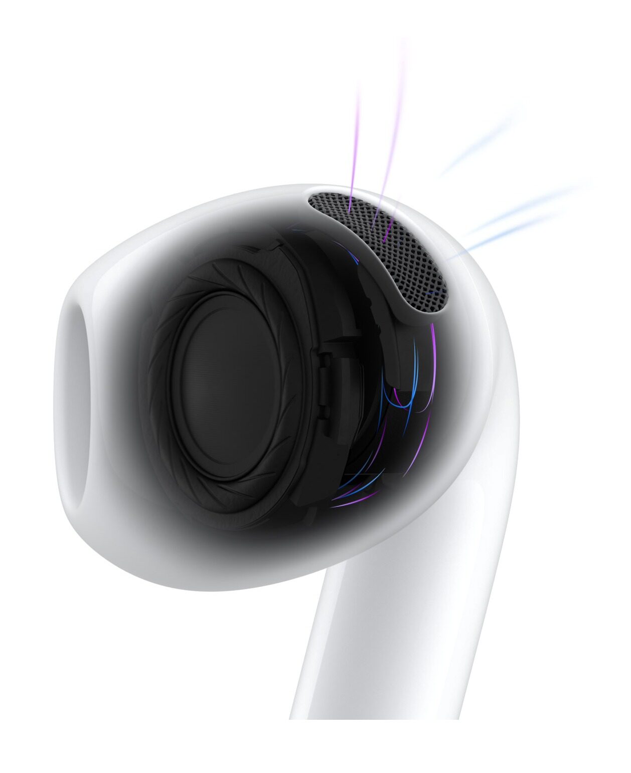 Řez sluchátkem AirPods 5 s budičem a průchodem zvuku