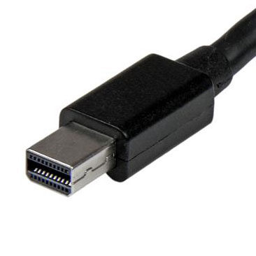 Nahaufnahme des schwarzen Mini-DisplayPort-Steckers am Kabel mit Blick auf die Metallkontakte