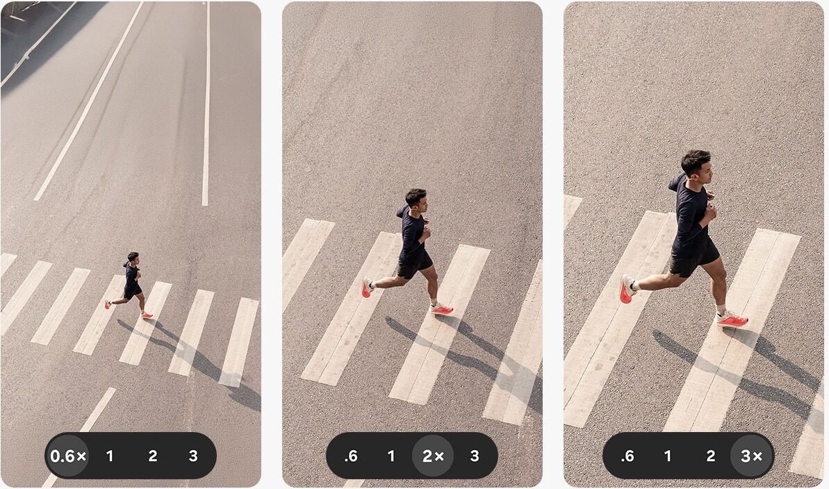 Tři snímky běžkyně pořízené v přiblížení 0,6×, 2× a 3× na Galaxy S26 FE