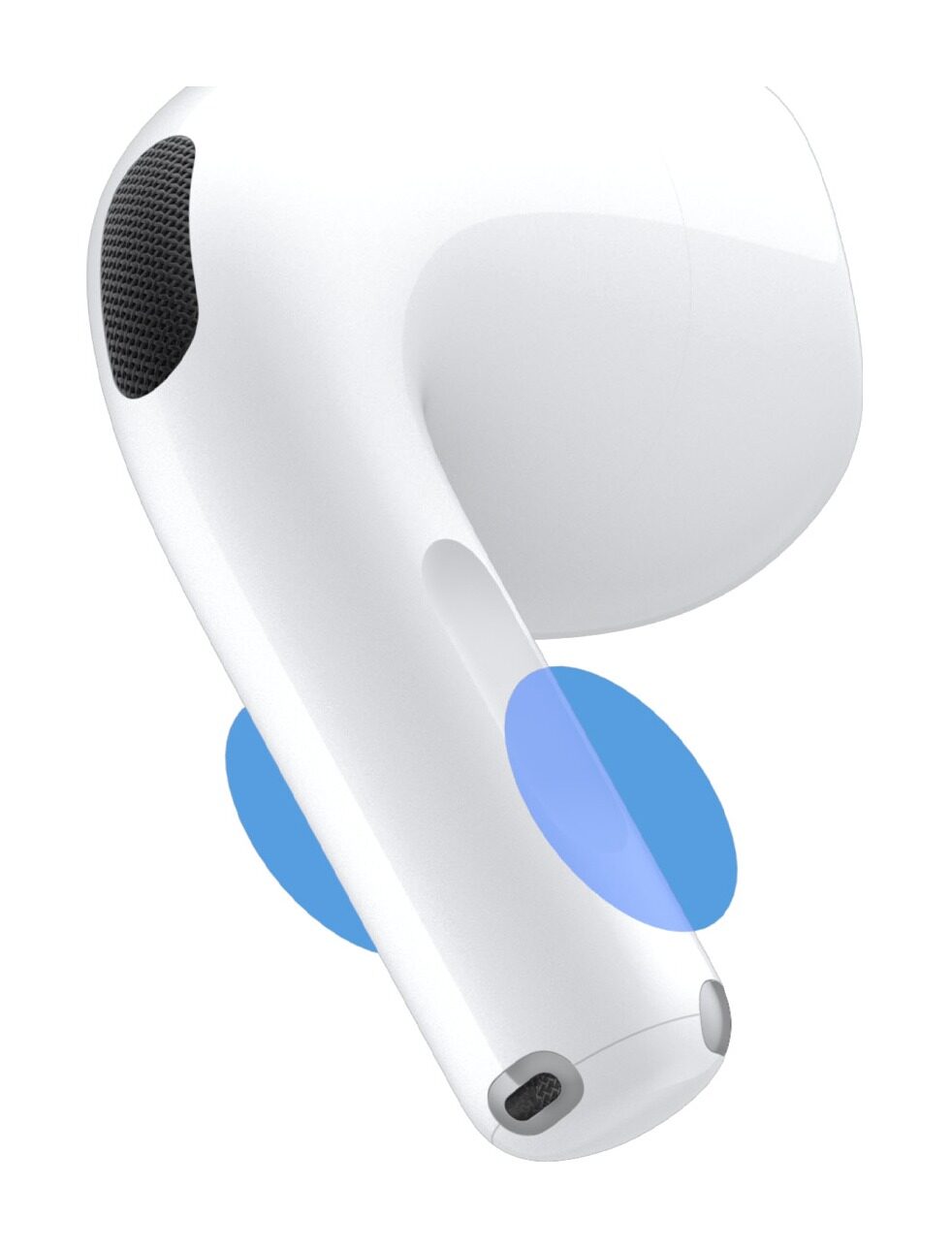 Sluchátko AirPods 5 se zvýrazněným tlakovým snímačem na stopce